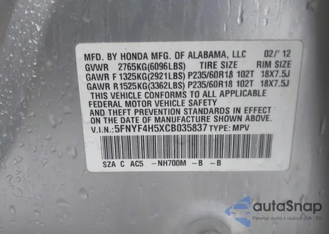 2012 Honda Pilot Ex-L z USA, uszkodzony, nr VIN 5FNYF4H5XCB035837